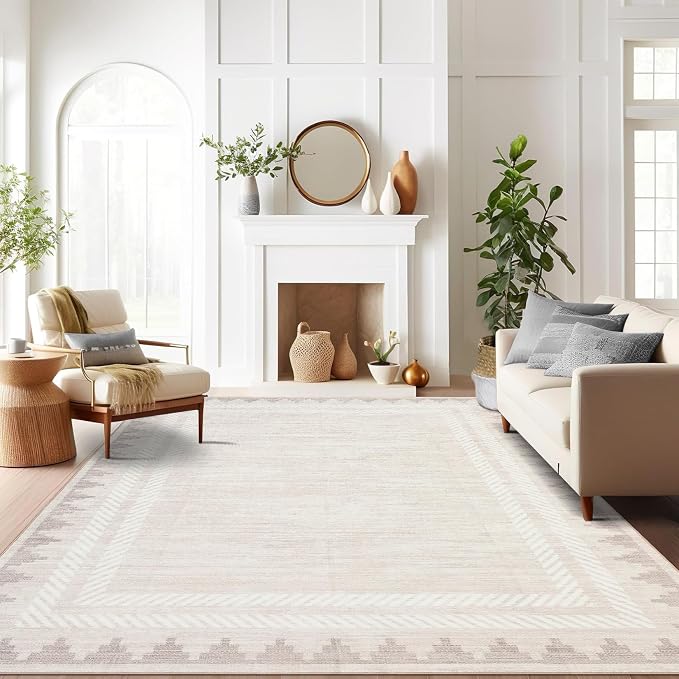 GarveeHome Extra Large Area Rug 10x13 Washable Rug Non Slip Stain-Resistant, Modern Geometric Border Carpet, Non Shedding Low Pile Floor Covering, Soft Neutral Mat for Open Spaces Offices, Cream