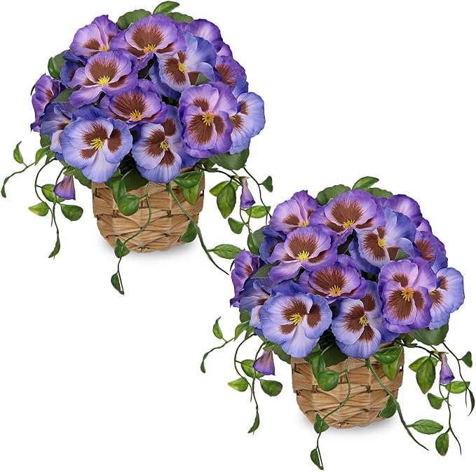 Briful Artificial Pansy Flowers in Baskets, 2PCS Realistic Fake Flowers for Farmhouse Table Decor, All Seasons Faux Indoor Flowers for Home Kitchen Living Room Dining Shelf Decor, Purple