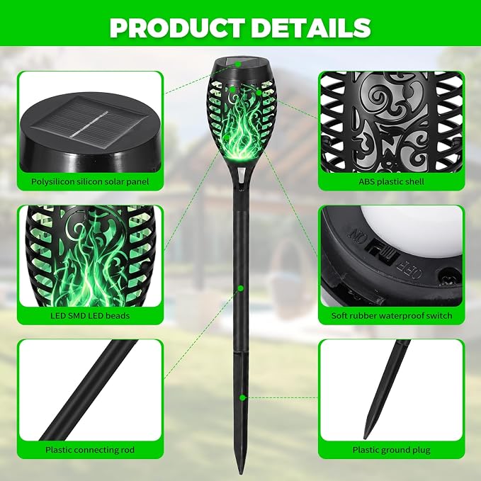 Solar Torch Flame Lights, Flickering Flame LED – Waterproof Solar Garden Lights for Patio, Yard, Pathway, Landscape & Backyard Décor (Green-8 Pack)
