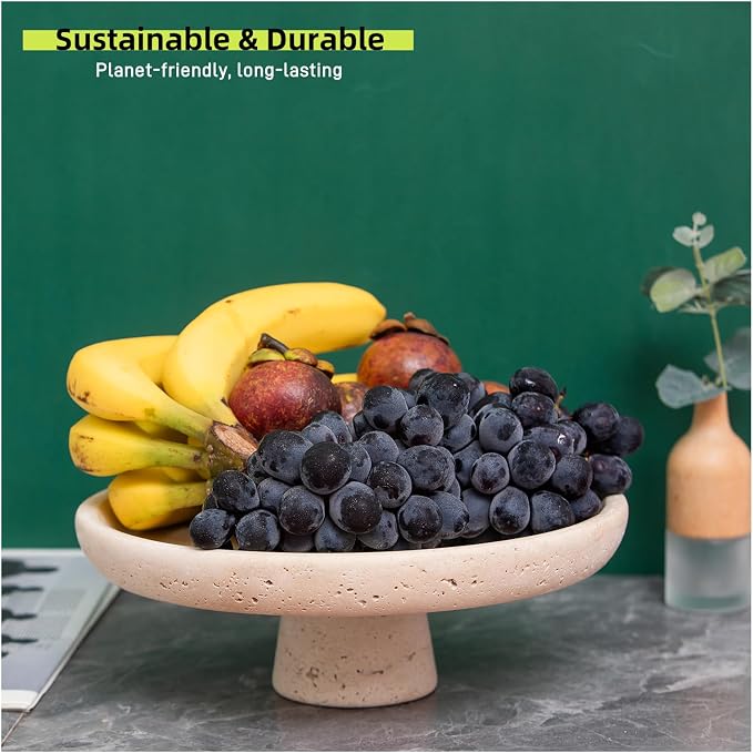 Natural Travertine Fruit Bowl for Kitchen Counter 10.2",Large Decorative Bowl & Travertine Bowl Pedestal for Kitchen Counter & Dining Table ,For Entryway, Kitchen Fruit Bowl, Dining Table Centerpiece.