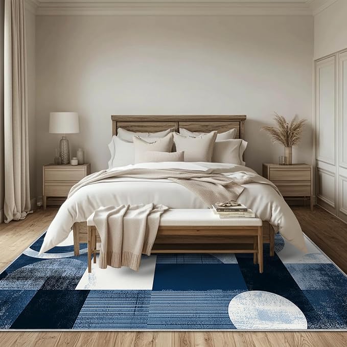 Boho Area Rug for Living Room Abstract Geometric 8x10 Entryway Rug Modern Blue Circles Rugs Non Slip Low Pile Machine Washable Floor Carpet for Indoor Bedroom Kitchen Dining Room Office