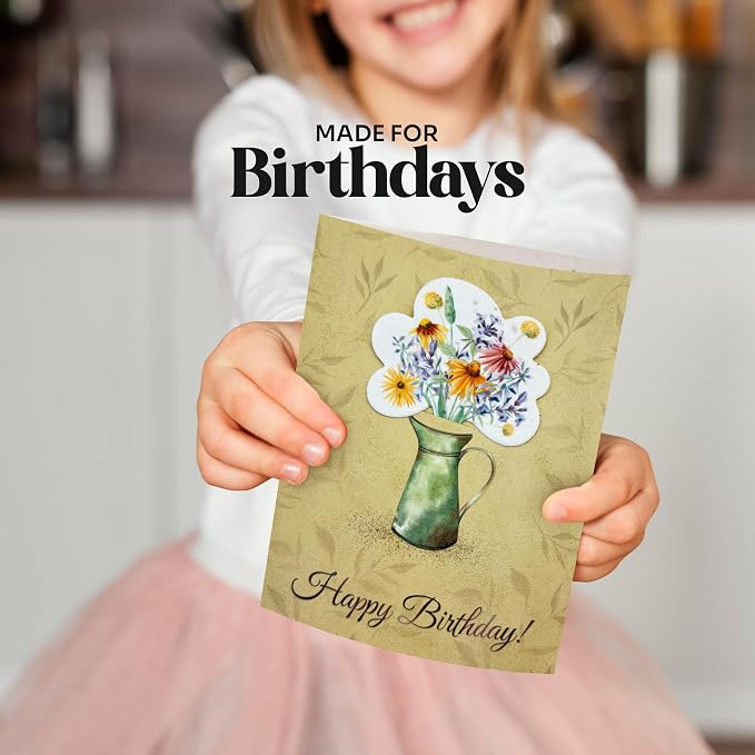 Birthday Cards – 4 Plantable Bouquet Inserts with Wildflower Seeds, 4 Birthday Cards & Envelopes for Kids, Adults, Friends, Family, Coworkers, Men and Women