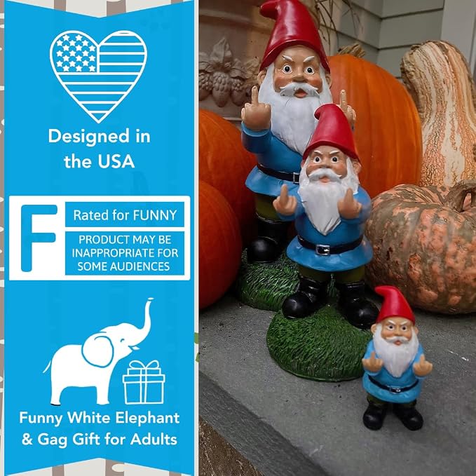 Gnometastic Mini Middle Finger Gnome 3.5in, Naughty, Funny Garden Gnomes Outdoor Decoration for Yard Lawn Ornament Fairy Garden Decor, Inappropriate Stocking Stuffers and Gifts for Angry People