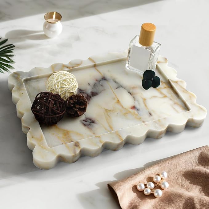 YMXYJM Genuine Calacatta Viola Scalloped Marble Tray, Real Natural Marble Stone Tray, Luxury Decorative Trays for Bathroom, Dresser, Vanity, Kitchen, Home Decor, 10.6" x 8", Calacatta Gold