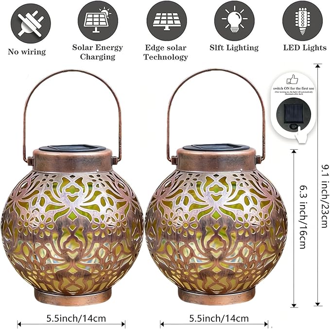 2 Pack Solar Lanterns Outdoor Gifts, IP44 Waterproof Hanging Solar Lights Decor Lamp for Garden, Patio, Pathway, Yard, Porch (Vintage Bronze Flower)
