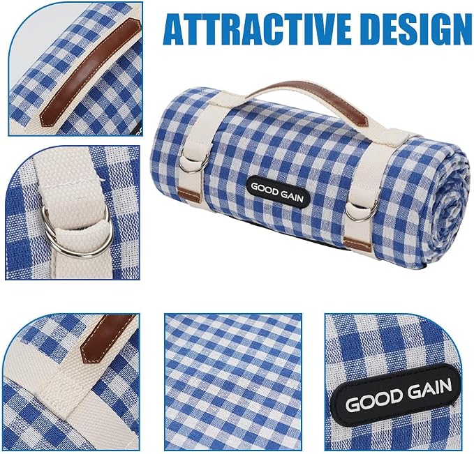 G GOOD GAIN Picnic Outdoor Blankets Waterproof Large - Beach Mat Sand Free Foldable with Carry Strap | Portable Camping Blanket | Park Blanket for Grass Park, Hiking, Travel, Concerts, Indoor (Blue)