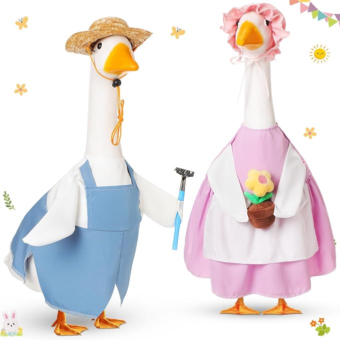 FuWeave 2 Set Porch Goose Outfit Spring Gardener Goose Clothes with Small Flower Pot for 23" Cement Outdoor Patio Yard Decor(Gardener)