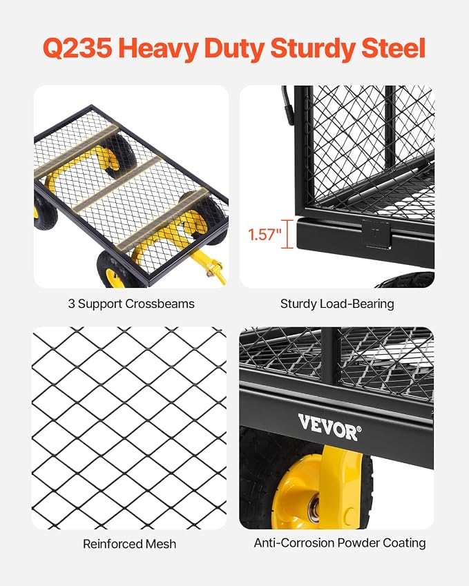 VEVOR Heavy Duty Steel Garden Cart 900 lbs Garden Wagon Cart on Wheels | Outdoor Metal Yard Utility Wagon with 10" Tires, Mesh Detachable Sides (Convert to Flatbed) and 180° Rotating Handle