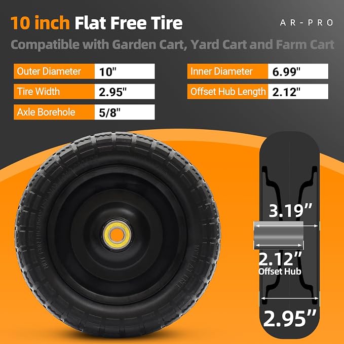 AR-PRO (2-Pack) 10" Flat Free Solid Tire and Wheel - with 5/8" Axle Bore Hole, 2.1" Offset Hub for 10 Inch Wheelbarrow Wheels - Compatible with Garden Cart,Trolleys,Hand Trucks and Yard Trailers | 5/8" Axle Bore Hole, 2.1" Offset Hub, for Wheelbarrow T...