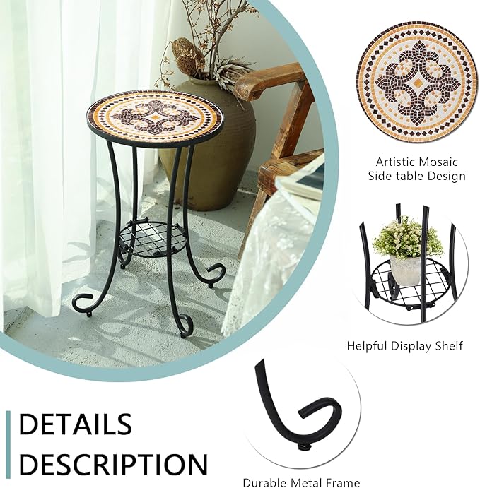 VCUTEKA Outdoor Side Table Mosaic Patio Table Accent Tables Mosaic Tile Top Metal Frame Small End Tables Porch Beach Patio Garden Balcony Tan
