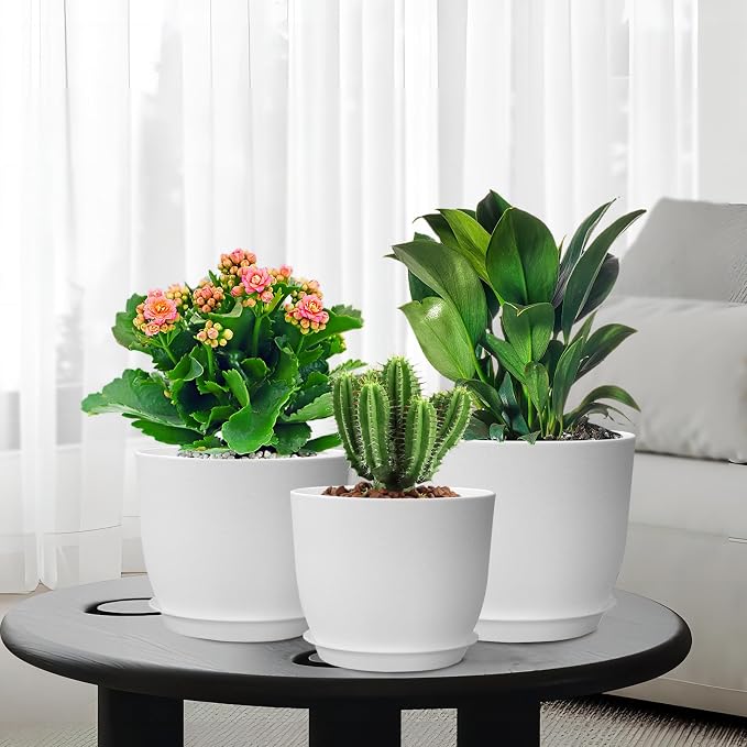WSMKSZ 10/9/8 inch Medium Flower Pots, 3 Pack Modern Decorative Plastic Planters with Drainage Holes and Tray, Plant Pots for Indoor Outdoor Plants, White