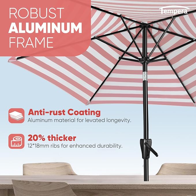 Tempera Patio Market Outdoor Table Umbrella with Push Button Tilt and Crank, Large Sun Umbrella with Sturdy Pole & Fade Resistant Canopy, Easy to Set