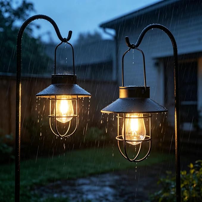 2 Pack Solar Lanterns ,Outdoor Waterproof Solar Lamp with Shepherd Hook, Metal Edison Bulb Lights Gifts for Gifts for Women/Mom Garden Outdoor Pathway Decor (Black)