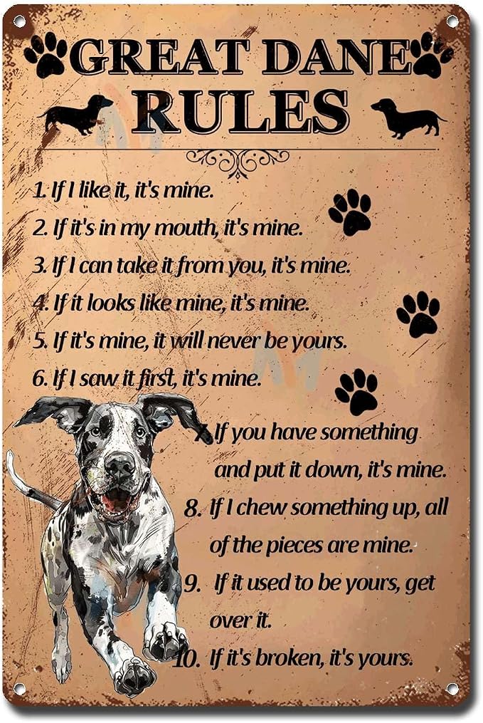 Metal Sign Tin Sign Vintage Wall Art Great Dane Rules Vintage Decor for Home Decor 6×8 Inches