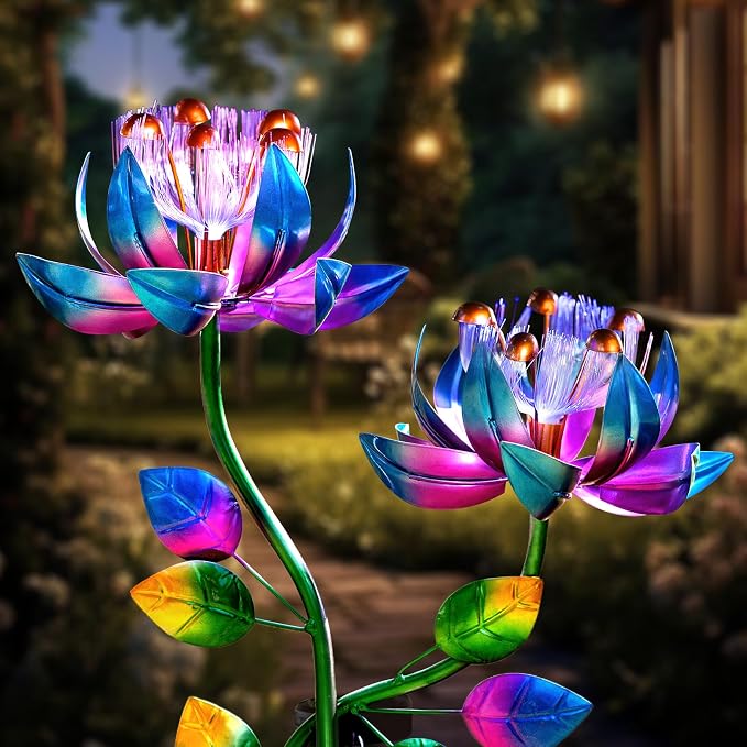 Solar Wind Spinners Blue Twin Flowers for Yard and Garden, Solar Windmill Garden Whirligig Kinetic Spinners Decor for Lawn, Patio, Yard, Metal Wind Outdoor Sculpture