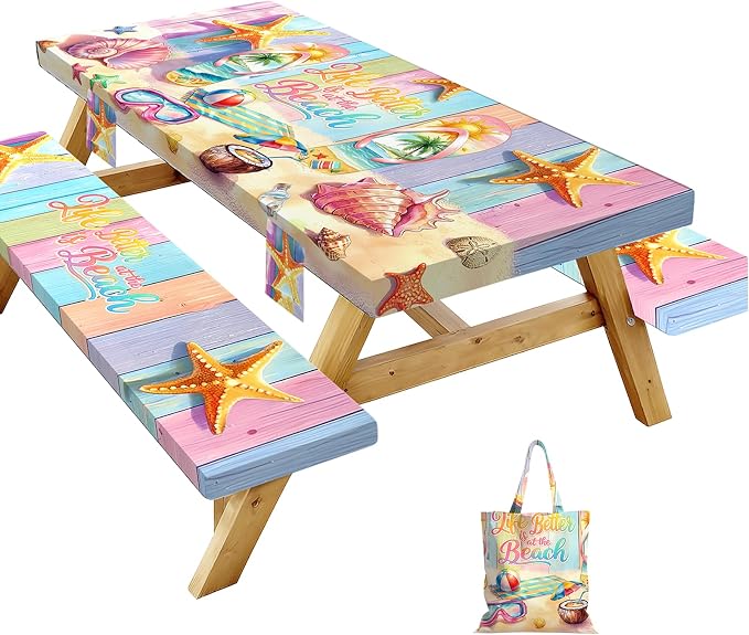 Picnic Table Cover with Bench Covers Elastic,Fitted Table Cloths for Rectangle Tables 6 Foot Washable,Waterproof Tablecloth for Outdoor Camping Essentials (Colorful Beach, 6 Foot)