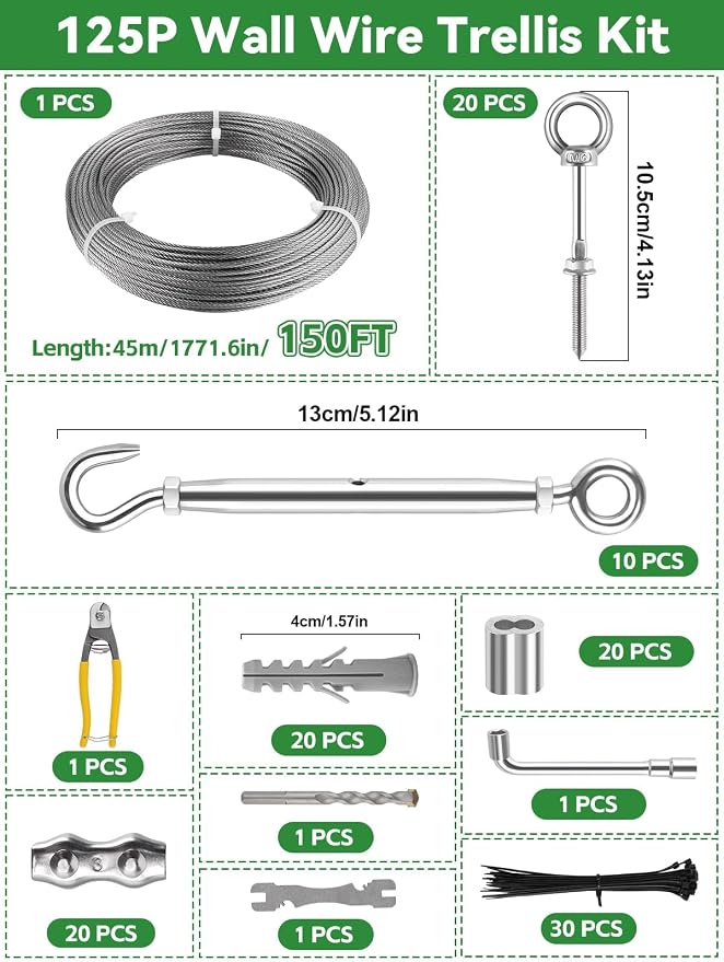 150FT Tensioned Wall Wire Trellis Kit for Climbing Plants, Kalolary T316 Stainless Steel Garden Trellis with Turnbuckle Tensioner Wall-mounted Fence Plant Trellises for Outdoor Wall Garden Fence Grape