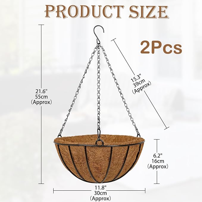 12 Inch Metal Hanging Basket with Coco Coir Liner for Flowers Planting, 2 Pack Hanging Baskets for Plants Outdoor, Round Wire Planters with Chain for Home Patio Porch Balcony Garden Decor