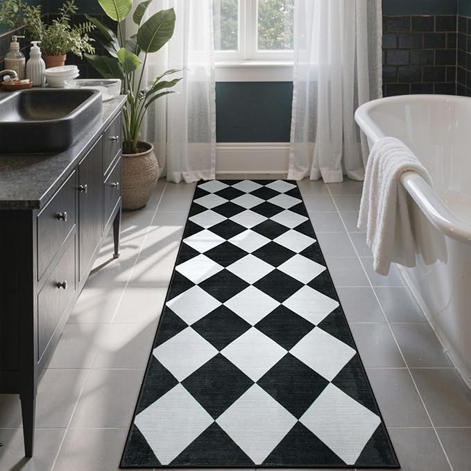 Beeiva Checkered Print Black Bathroom Runner Rug 2x6, Washable Ultra Thin Non Slip Laundry Room Rug Moroccan Stain Resistant Kitchen Runner, Modern Trellis Carpet for Hallway Bedroom Entryway Decor