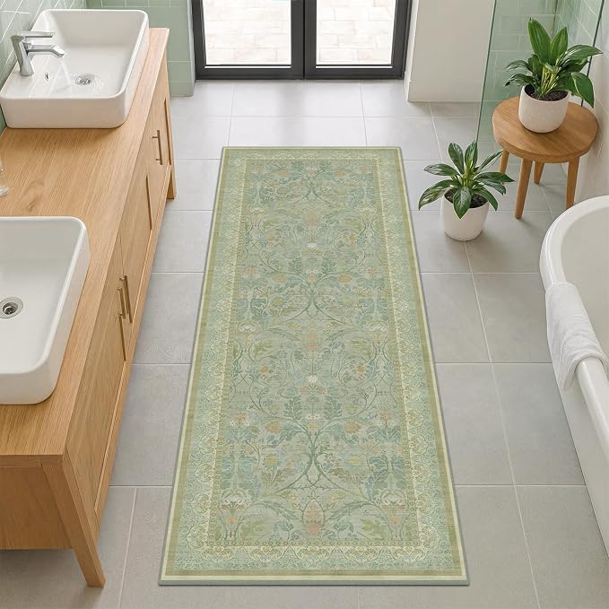 Washable Bathroom Runner Rug 2x5 Non Slip, Sage Green Small Throw Rug for Bedroom Bedside, Entryway, Hallway, Kitchen, Thin Low Pile Cottage Core Pastel Floor Carpet Stain Resistant