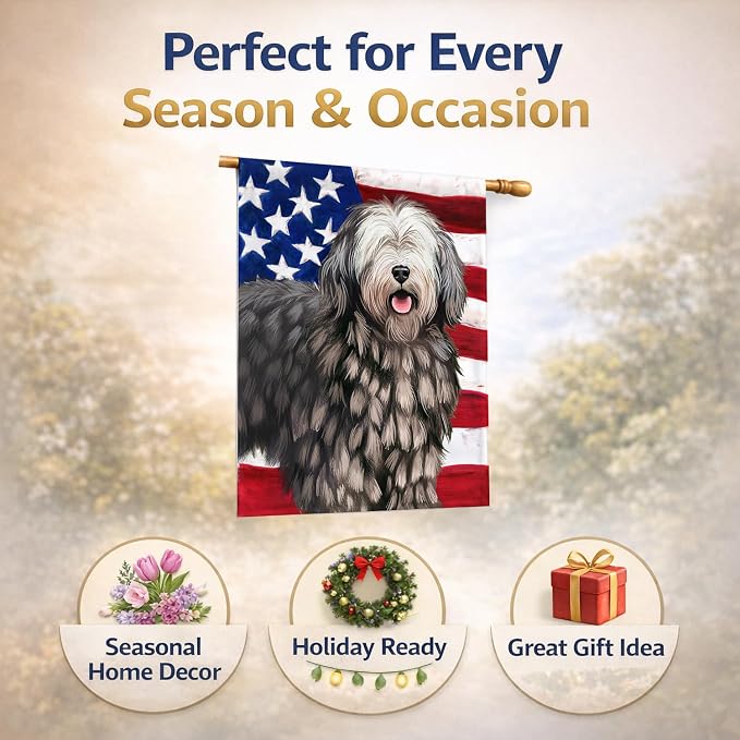 Caroline's Treasures CK6430CHF Bergamasco American Flag House Flag Large Porch Sleeve Pole Decorative Outside Yard Banner Artwork Wall Hanging, Polyester, House Size, Multicolor