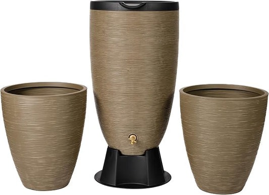 Newport 50‑Gallon Flat‑Back Rain Barrel with Stand & Planter Bundle – Sandstone | Removable Lid, UV-Stabilized Outdoor Water Storage