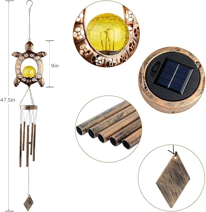 Sea Turtle Solar Lights Outdoor Decor Crackle Glass Ball Solar Turtle Wind Chimes for Outside Unique Gifts for Women Birthday Gardening Gift Housewarming Ornament for Patio Yard Garden Decor