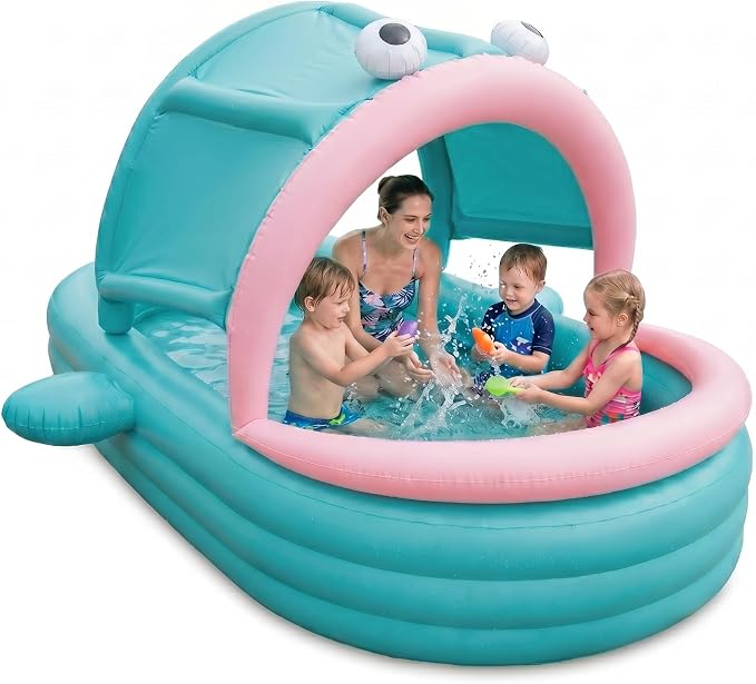 Inflatable Kiddie Pool with Canopy, Giant Fish Blow Up Pool for Kids Toddlers Adults, Thickened PVC Family Pool, 3 Air Chambers, 112"×65"×22" Backyard Summer Splash