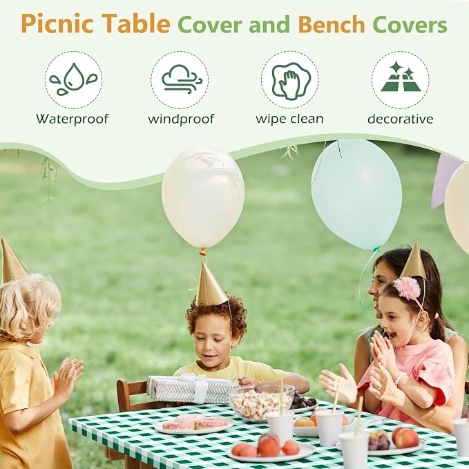 Picnic Table Cover with Bench Covers and Bag, Camping Table Camping Essentials Cover with Elastic Edges(Green)