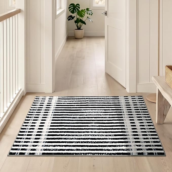 Washable 2x3 Modern Striped Area Rug, Abstract Small Throw Rug for Entryway | Black Beige, Soft Low Pile, Skin Friendly, Non-Slip for High Traffic, Entrance Vintage Braided Paid Style Home Decor