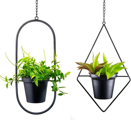 Modern Metal Hanging Planters Set of 2 - Geometric Diamond and Oval Plant Hangers with 5 inch Pots - Black Wall or Ceiling Mount Flower Holders for Indoor and Covered Outdoor Décor