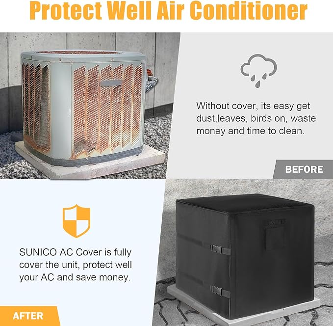 SUNICO Winter Air Conditioner Covers for Outside Units, 32x32x36in, Black | 3 Layers insulation waterproof cover, snowproof, heavy-duty 600D with antifreeze aluminum foil layer, for outdoor AC unit use