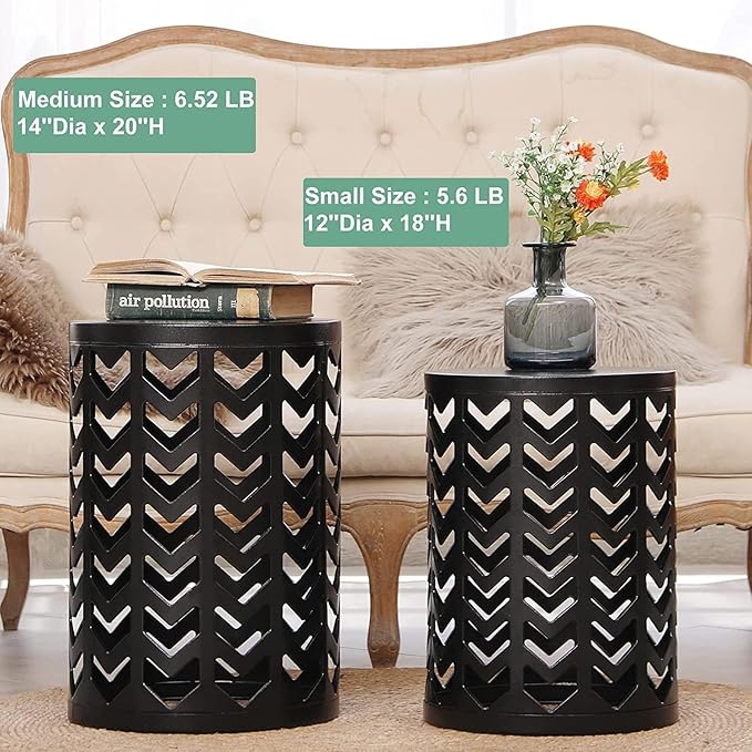 Y&M Outdoor Side Tables Set of 3, Indoor Outdoor Round Metal Accent Tables, Nesting End Coffee Tables for Patio, Porch, Balcony, Garden, Sunroom and Living Room, Black