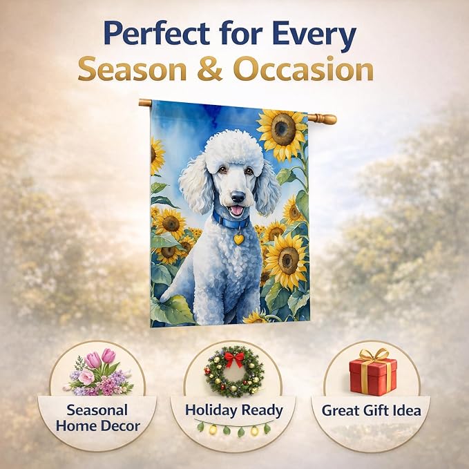 Caroline's Treasures DAC6142CHF White Poodle in Sunflowers House Flag Large Porch Sleeve Pole Decorative Outside Yard Banner Artwork Wall Hanging, Polyester, House Size, Multicolor