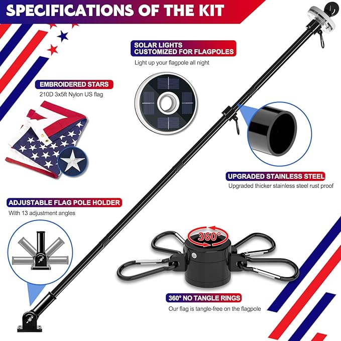 ZMTECH 7FT Flag Pole Kit with Solar Light and Proud American Flag, Adjustable Bracket and Upgraded Tangle-Free Ring 1" Stainless Steel Flagpole for Day and Night, Residential, Commercial, Black