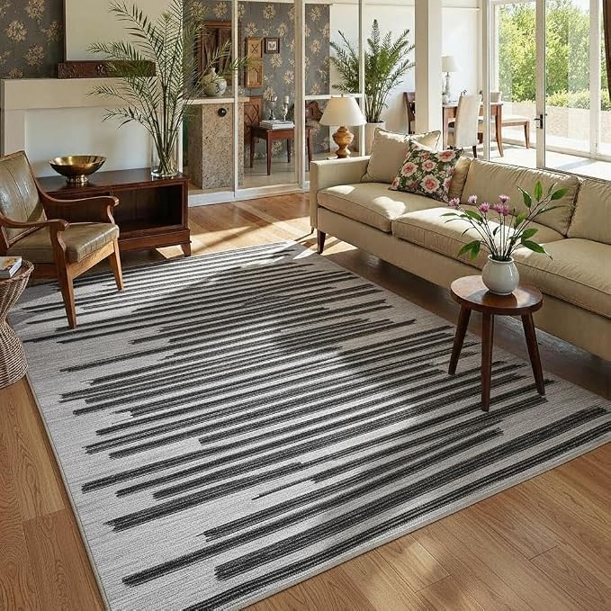 GarveeHome 5x7 Non Slip Striped Area Rug for Living Room Bedroom Classroom | Modern Minimalist Washable Low Pile Indoor Carpet Stain Resustant Rugs for Guest Room Home Office, Black Grey