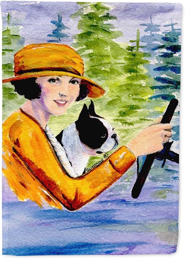 Caroline's Treasures SS8534GF Woman Driving with her Boston Terrier Garden Flag Mailbox Flag Decorative Yard Flag Banner Outside Patio Artwork Yard Flower Beds, Garden Size, Multicolor