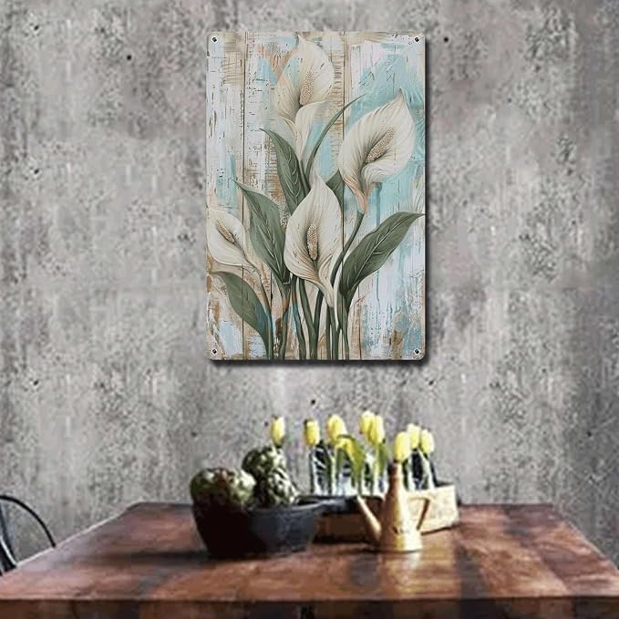 Metal Sign Tin Sign Vintage Wall Art Shabby Chic Peace Lilies Tin Sign for Rustic Garden Art White Flower Lovers and Weather Resistant Home Decor for Restaurant 6×8 Inches
