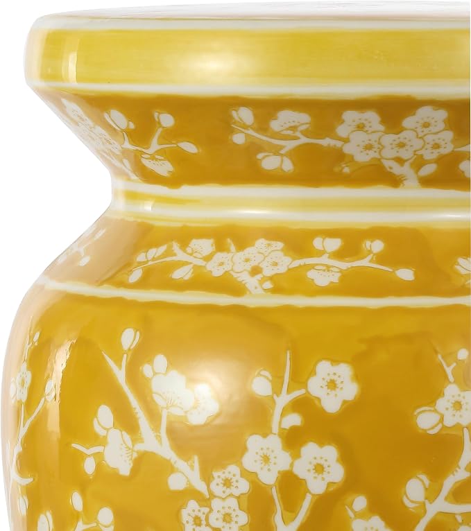 JONATHAN Y Cherry Blossom Ceramic Garden Stool 17.75" Chinoiserie Floral Drum Side Table for Patio and Living Room, Indoor Outdoor Plant Stand, Traditional, Yellow/White TBL1017E