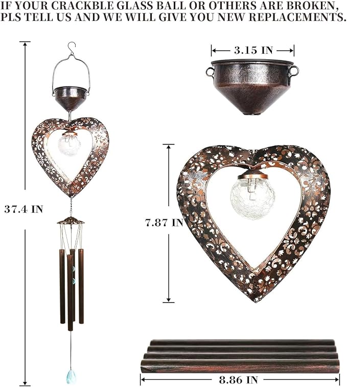 Solar Wind Chimes for Outside Deep Tone Heart LED Crackle Glass Ball LED Decor Light Metal Elegant Hanging Decorations Gifts for Mom Women Yard Porch Birthaday Christmas (Bronze)…