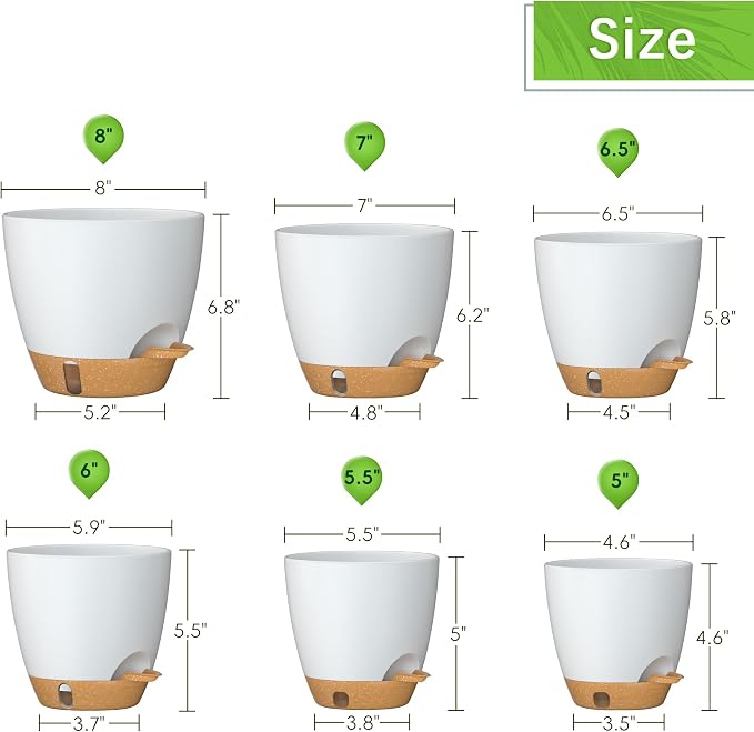 8/7/6.5/6/5.5/5 Inch Self Watering Pots for Indoor Outdoor Plants, Set of 6 Large Plastic Planters with Visual Water Window, Drainage Holes & Watering Lip, Modern Decorative Flower Pots (White)