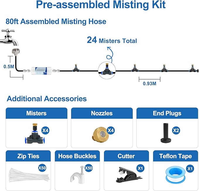 POCKET PANDA Pre-Assembled Misters for Outside Patio,80FT|24M.Outdoor Misting Cooling System, Backyard Mist Kit for Garden,Greenhouse,Deck,Umbrella,Canopy,Pool,Porch,Trampoline,Park BBQ Party