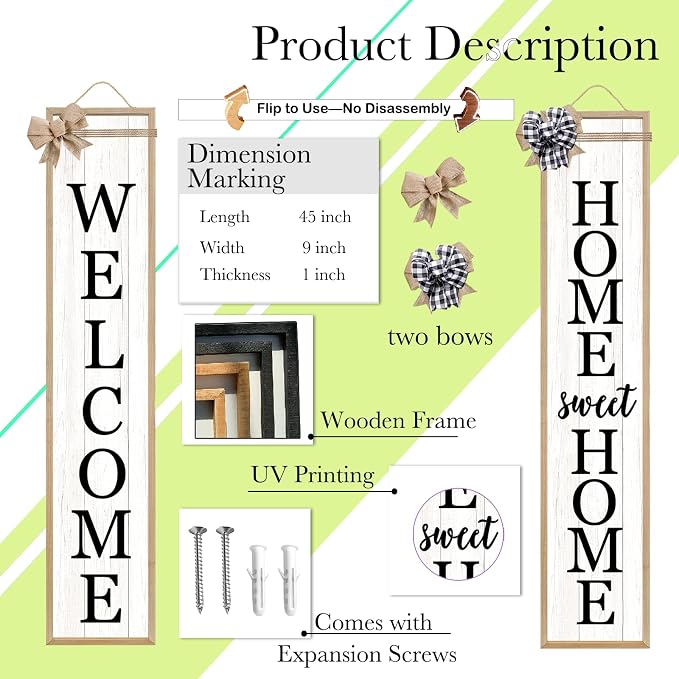 Outdoor 2in1 Welcome Sign for Front Door Home Sweet Home Sign for Farmhouse Tall Outdoor Front Porch Standing 2 Sided 45"X9" Large Vertical Leaner Rustic Outside Decor (Wood White)