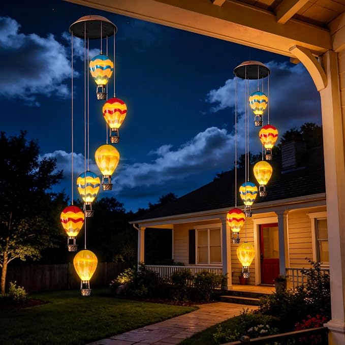 Topstor Hot Air Balloon Solar Wind Chimes for Outside - Outdoor Hanging Decor Gifts for Women Mom Grandma (Wavy)