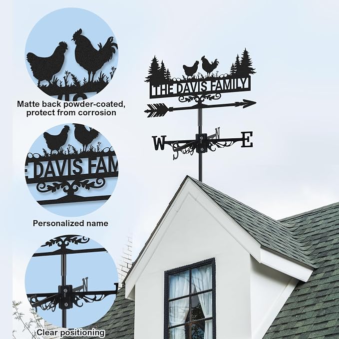 Personalized Metal Weather Vane, Custom Name Weathervane, Chicken Coop Signs, Weather Vanes for Outside, Wind Vanes for Farmhouse Yard Shed Decor, Housewarming Gifts Color07