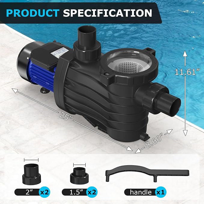 2HP In/Above Ground Pool Pump, 115V 5389GPH Powerful Self Priming | Pure Copper Motor, Energy Efficient, 1.5" and 2" Adapters, High Flow with Filter Basket, Single Speed