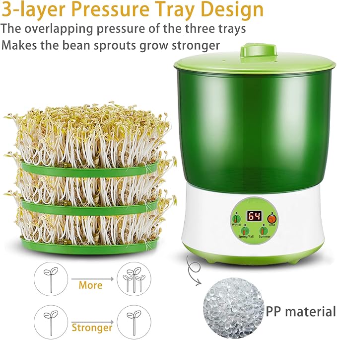Bean Sprouts Machine, Seed Sprouter Kits, LED Display Time, Intelligent Automatic Bean Sprouts Maker, 3 Layers Function Large Capacity Seed Grow, Also for Radish, Alfalfa, Wheatgrass, Broccoli Sprouts