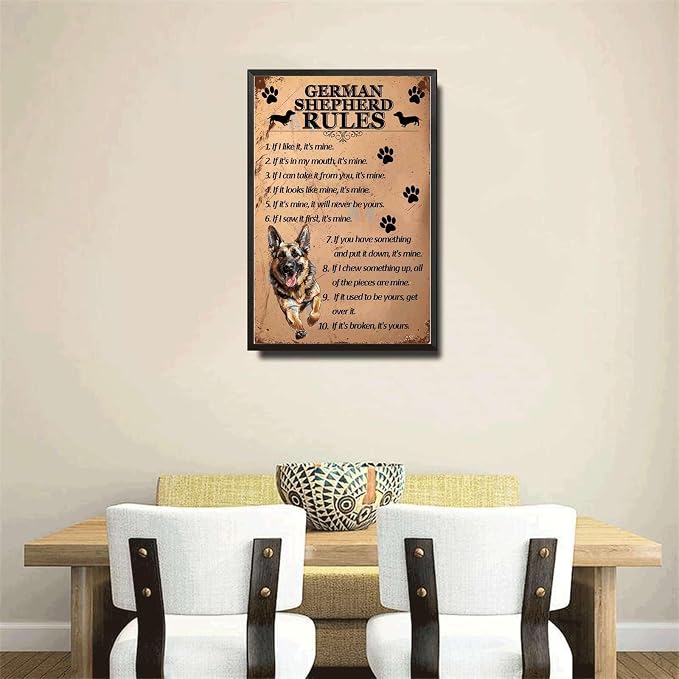 Metal Sign Tin Sign Vintage Wall Art German Shepherd Rules Inspirational Wall Art for Restaurant 8×12 Inches with Metal Frame