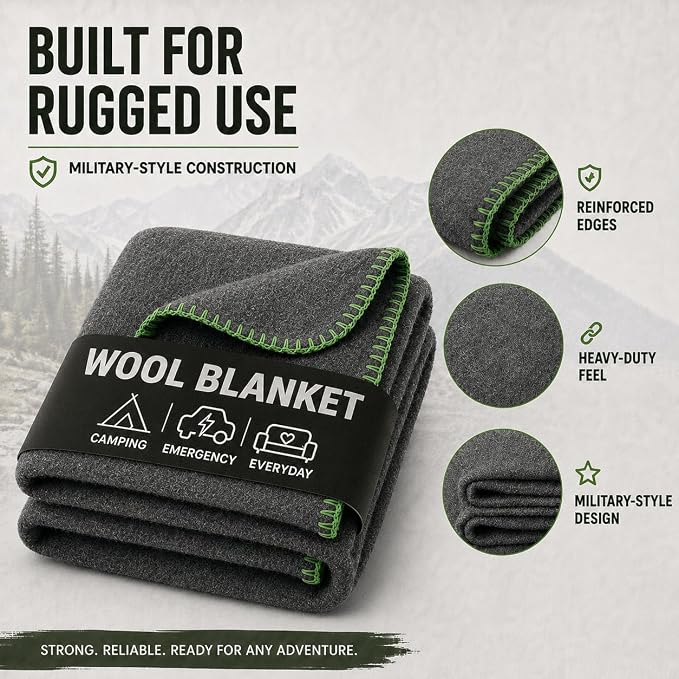Wool Camping Blanket - 70% Wool Heavy-Duty Military Style Throw, Warm & Washable, Fire Retardant Cover for Emergency, Survival & Outdoor Use - Perfect for Camping, Car, Home & Hiking, Grey 66x90