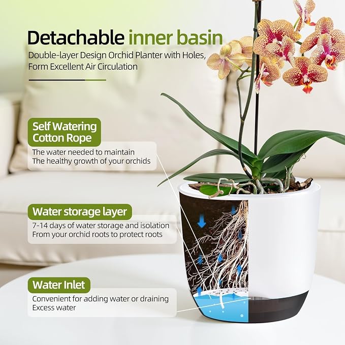 7.2Inch White Orchid Pots with Holes for Repotting, Double-Layer Plastic Self Watering Flower Pots for Indoor Plants with Drainage Holes, Clear Orchid Pot Match Decorative Orchid Container, 1 Pack